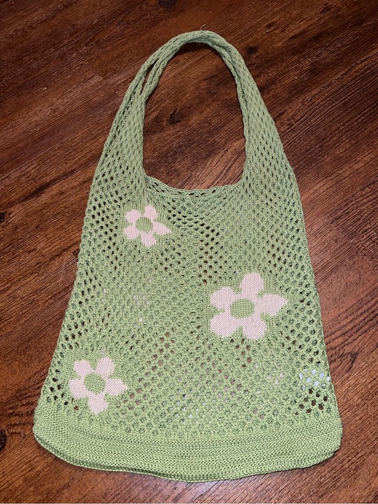 Handbags - Crochet Green Boho Pink Floral Y2K Hippie Shoulder Tote Bag